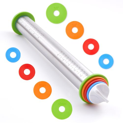 Rolling Pin with Thickness Rings, Fulimax 17 Adjustable Stainless Steel Rolling Pins for Baking, Dough Roller for Fondant Pizza, Pie, Pasta, Cookies, Cakes, Kitchen Baking Supplies