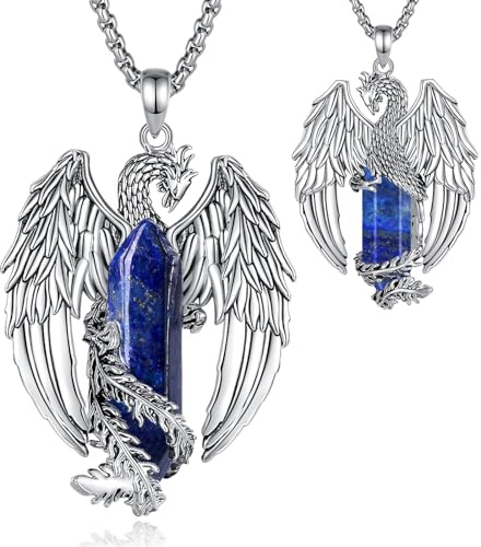 EUDORA Harmony Ball Phönix Lapislazuli Kette für Damen Herren, Vintage Wikinger Feuerphönix Lapislazuli Halskette Anhänger Amulett Energie Gothic Kristall Schmuck, Geschenk für Frauen Herren, 20+2