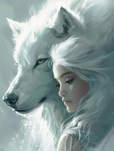 N.LANSHAN DIY Knüpfteppich Bastelset Weißer Wolf Und Frau Fantasy Tiere 39x55in, Gedrucktes Augenstuch, Hakennadel, Acryl, Lebensgröße, 7+ Jahre, Traditionell, Unfertig, Nicht Faltbar