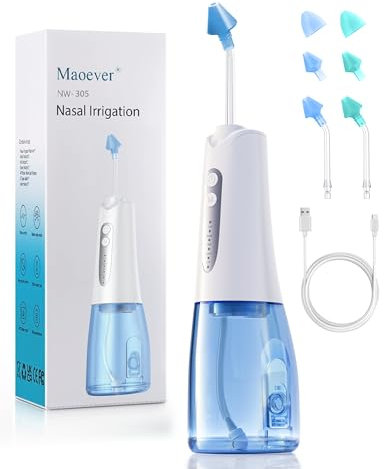 Maoever Irrigador nasal eléctrico, sistema de riego inalámbrico, dispositivo de alivio sinusal y cuidado nasal, olla Neti eléctrica con 6 puntas.