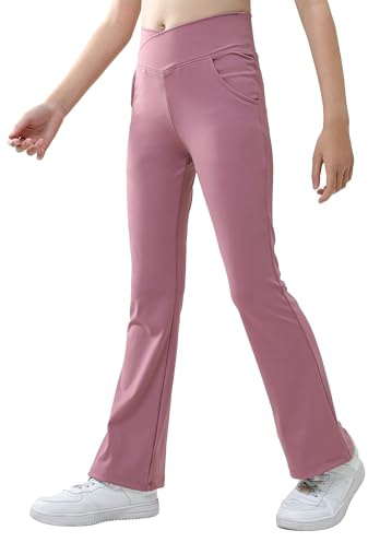 SEAUR Slagbyxor, flickor, sport, flared leggings, bootcut, sportbyxor, V-linje, midja, joggingbyxor, träningsbyxor med 2 fickor, långa yogabyxor, EU 116–158, ROSA, 134-140