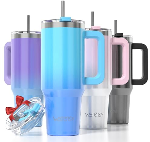 WATERSY 891 ml Vaso con Pajita, Taza de Café con Asa, Vaso Termico Acero Inoxidable para Frío y Caliente, Termo de Agua Doble Pared, 30oz Travel Mug para Gimnasio, Viaje (Azul Brillante)