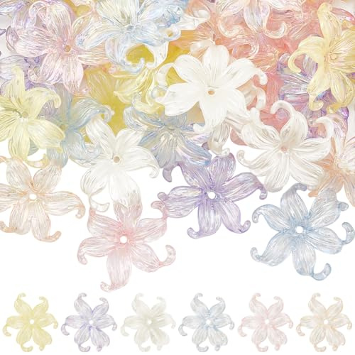 SUNNYCLUE 60 Stück Acryl Floridnperlen Blütenblattperlen Groß Weiß Rosa Transparent Narzissen FrühlingsFloridn Blüten Abstandshalter Für Schmuckherstellung Charms DIY Schlüsselanhänger Tasche Schlüsse