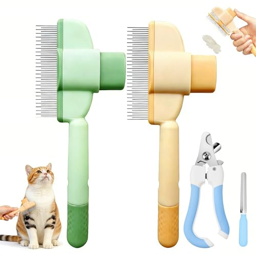 4 Stück Fellblitz Bürste Katze, Selbstreinigender Katzenkamm, Flohkamm Entfernung von Schwimmenden Haaren und Öffnung von Knoten, Tiefenreinigung, Edelstahl Krallenzange für Hunde und Katzen mit Nage