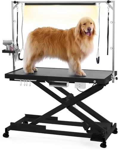 POLIMO LED Professional Electric Dog Grooming Table - 50 Heavy Duty Dog Grooming Station with LED, Button & Foot Control, Grooming Arm, Leveling Wheels, Anti-Slip Top & Tool Organizer (50, Black)