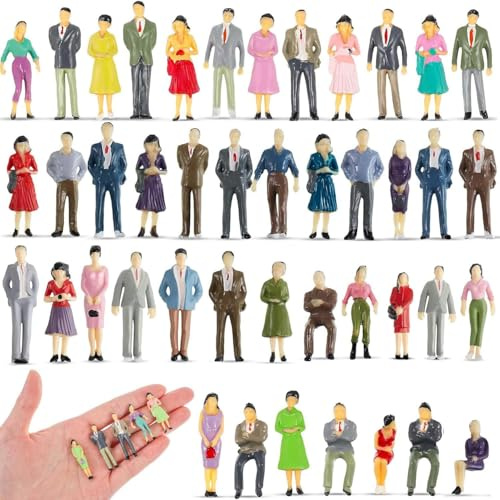 50 Stück Modellfiguren 1:50 HO Maßstab, Verschiedene Posen Stehend & Sitzend, Bemalte Miniatur Menschen Figuren für Architekturmodelle, Modelleisenbahn, Miniaturlandschaft, Puppenhaus DIY Projekte