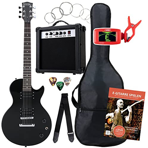 Rocktile Single Cut Pack Komplettset Power E-Gitarre Schwarz (Verstärker, Stimmgerät, Tasche, Kabel, Gurt, Plecs, Ersatzsaiten und Schule mit CD/DVD)
