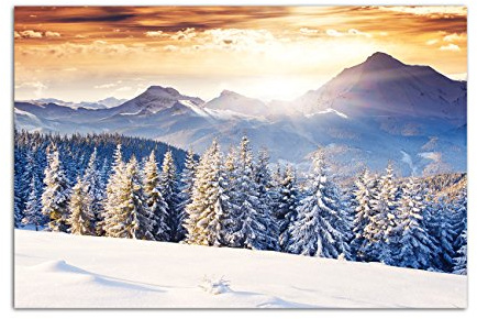 Paul Sinus Art 120x80cm - WANDBILD Wald Berge Winter Schnee Landschaft - Leinwandbild auf Keilrahmen modern stilvoll - Bilder und Dekoration