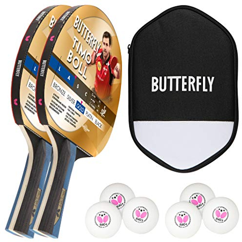 Butterfly Timo Boll 2 x Gold Tischtennisschläger + Tischtennishülle + 2 x 3*** ITTF G40+ Tischtennisbälle | Tischtennis Wettkampfschläger Set Tischtennisschlägerset