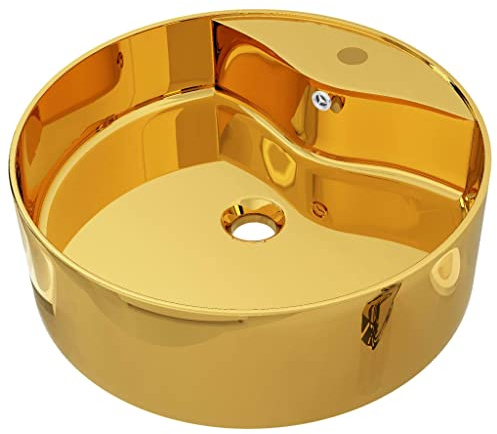 vidaXL Waschbecken mit Überlauf Aufsatzwaschbecken Waschtisch Waschplatz Handwaschbecken Waschschale Becken Badezimmer 46,5x15,5cm Keramik Golden