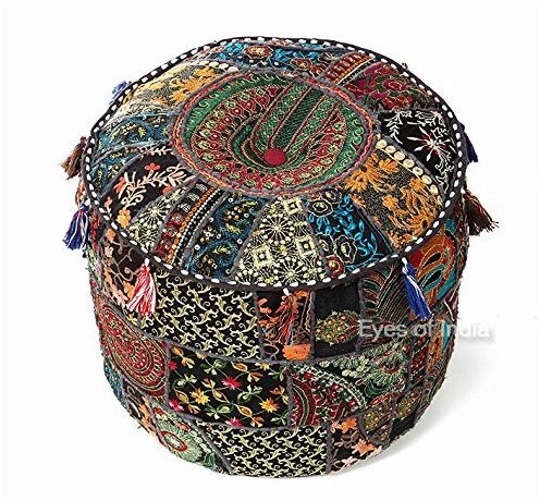 Eyes of India - Pouf ottomano rotondo ricamato patchwork, copertura per pavimento, stile bohémien, bohémien, fatto a mano (nero, 43,2 x 30,5 cm)