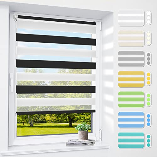 Doppelrollo klemmfix ohne Bohren & mit Bohren, 55x150cm (BxH) Schwarz-Weiß, 3-in-1 Duo Rollo für Fenster & Tür, Fensterrollo innen lichtdurchlässig & verdunkelnd, Klemmrollo Rollos Sonnenschutz