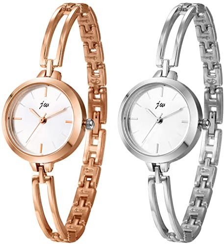 JewelryWe Damenuhr Elegant Analog Quarz Armbanduhr Damen Klein Einfach Beiläufige Uhr Spangenuhr mit Metall-Armband Rosegold/Silber