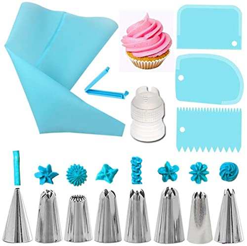14pcs Kit per decorare torte Punte per tubazioni Sacchetti per glassa per pasticceria in silicone Ugelli Raschietti per crema Set di accoppiatori Strumenti per decorare torte fai-da-te-Azzurro