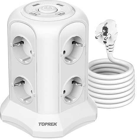 TOPREK Torre Regletas Enchufes 4000W/16A, 8 Enchufes Schuko y 2 USB-A y 2 USB-C (USB C1 20W PD3.0 Carga Rapida), con Interruptor, Cable 2M, Proteccion Sobretension, Blanco