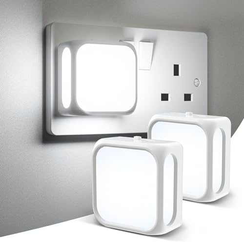 PURSNIC Night Light Plug in Wall, with Dusk to Dawn Photocell Sensor, 6000K Cool White, Brightness Adjustable, 1W LED Night Light for Kids, Bedroom, Hallway, Stairs, 2 Pack