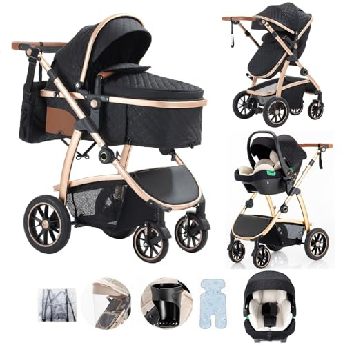 Lnhcrbs Set de Cochecito De Bebé 3 en 1, Cochecito Bebe de Altura Ajustable Con Asiento de Coche, cochecito bebe 3 piezas de Bebé para Bebés de 0-4 Años con Mosquitera Bolsa para Mamá Porta Biberón