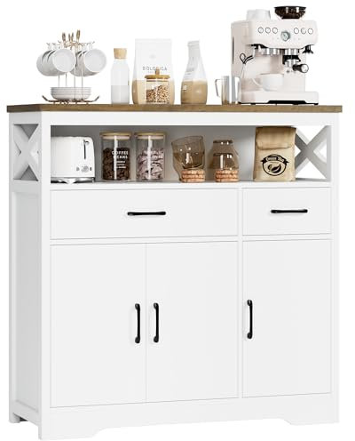 HOCSOK Aparador, Mueble Auxiliar, Armario de Cocina con 2 Cajones y 3 Puertas, Armario Buffet con Encimera para Salón Comedor, Estante Ajustable, Muebles, 105 x 100,5 x 39,5 cm