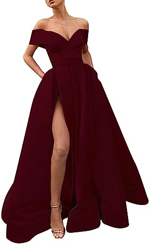 VEMOW Women's Maxi Dress Off Shoulder V-Neck Evening Gowns Empire Waist High Slit Long Evening Dresses Pleated A Lline Prom Party Dress Wedding Guest Bridesmaid Dress