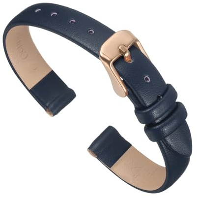 QUARKZMAN Uhrenarmband 10mmLeder mit Roségold Edelstahl Schnalle Dunkelblau | Uhrenarmbänder Vintage Ersatzarmband für Smartwatch Universal Uhr Elegantes Damen Herren