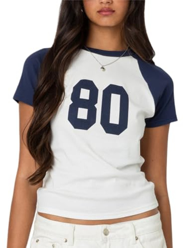 Women Vintage Summer Crew Neck Crop Tops Slim Fit Tee Jersey Short Sleeve Y2k Shirt Number Graphic Baby Tee Tops (Blue, S)