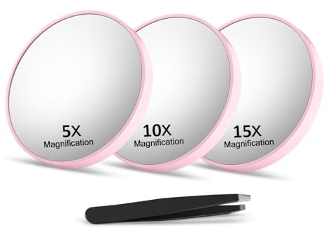 Yamobi Set di 3 Specchi Cosmetici con Ingrandimento, Specchio Compatto da 3,5 Pollici con Ventosa, Inclusa Pinzetta di Precisione per Cura (5X, 10X, 15X)