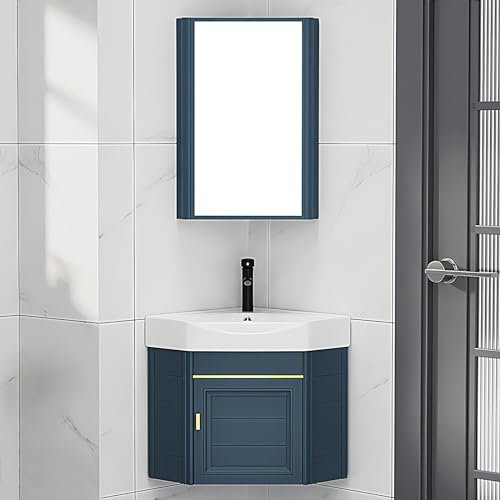 MYUYEE Waschbecken Badezimmer-Waschtisch Eckwaschtischunterschrank mit Keramikspüle und Spiegelschrank an der Wand montiertes Badezimmer-Waschtisch-Set für kleine,A-43 cm/16,9 Zoll