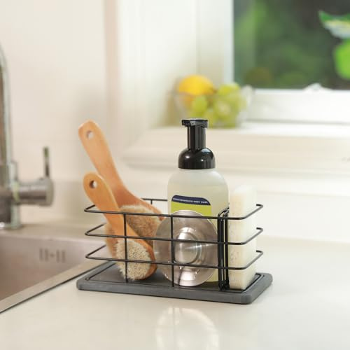 WIFORH Kitchen Sink Caddy, Sponge Sink Organiser for Worktop, Stainless Steel Sink Countertop Tidy Caddy for Kitchen Bathroom Sponge Storage Rack with Diatomite Base, Black
