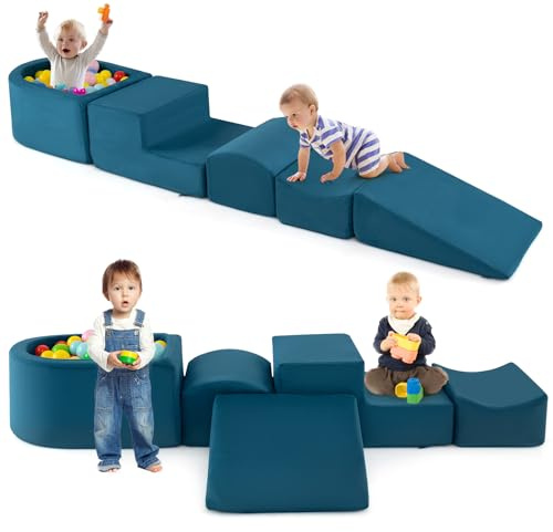 GOPLUS 5 PCS Parcours Motricité Bébé avec Piscine a Balle (Balle Non Inclus), Amovible, Module Motricité Bébé avec Housse Lavable, Toboggan pour Ramper Rembourré Éponge de Densité, Enfant 3 Ans+