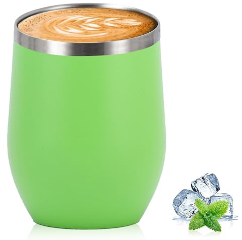Senshuomy Reusable Coffee Cup 12oz/340ml,Insulated Travel Mug Vacuum Stainless Steel with Spill Proof Lid,Wine Tumbler Stemless,Great for Hot & Cold Drinks-Coffee,Tea,Milk and Wine,Champagne(Green)