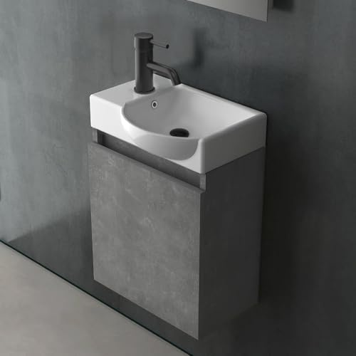 Alpenberger Gäste WC Waschbecken mit Unterschrank Keramik 45x25 cm Grau | Gäste WC Möbel aus Keramik & MDF: kleiner Waschtisch hängend mit Soft-Close Tür, Überlauf & grifflos – Rechts Becken