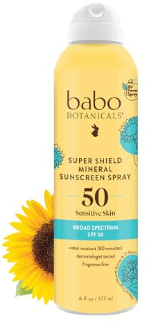 Babo Botanicals Super Shield Mineral Sunscreen Spray SPF 50 with natural origin zinc oxide & titanium dioxide. Sensitive skin, vegan, fragrance-free, water resistant, air-powered spray - For all ages.