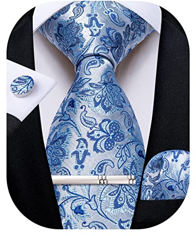 DiBanGu Ensemble de cravate en soie tissée pour homme avec motif floral paisley, pochette de costume et boutons de manchette avec pince à cravate pour mariage et travail, bleu clair, taille unique