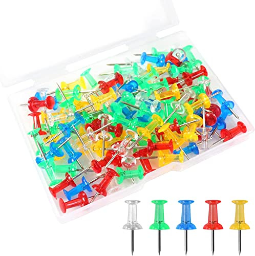 100 PCS Assorted Color Push Pins for Cork Board, Colorful Thumb Tacks for Wall Hangings, Pushpins for Office School & Personal Use, Standard Size Push Pin Tacks