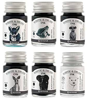 Octopus Fluids Octopus Write and Draw Ink Set Basic Grey, Encre imperméable pour écrire et Dessiner, Encre de Calligraphie, Encre à Dessin pour stylos Plume, 6x10 ML
