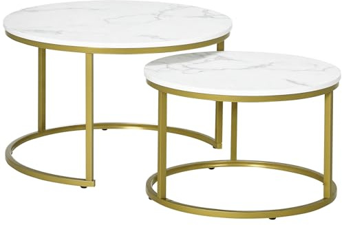 HOMCOM Coffee Table Set of 2, Round Nest of Tables with Faux Marble Tabletop and Metal Frame, Modern Side Tables for Living Room, White