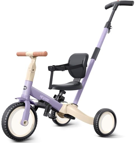 newyoo Toddler Tricycle with Push Handle for 1-3 Year Old, Toddler Bike, Birthday Toy for Boys and Girls, 5 in 1 Kids Trike, Balance Bike with Backrest and Safety Belt, Purple, TR007