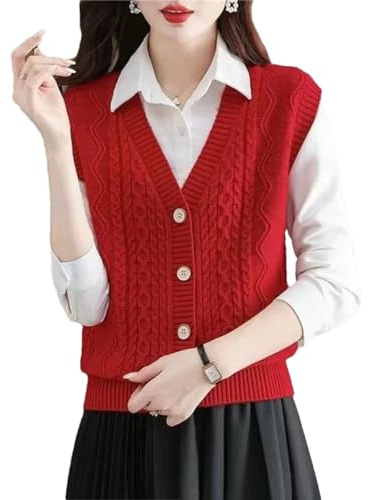 Gilet cardigan tricoté de mode à col en V sans manches ample pour femme pull en maille, Rouge, XL