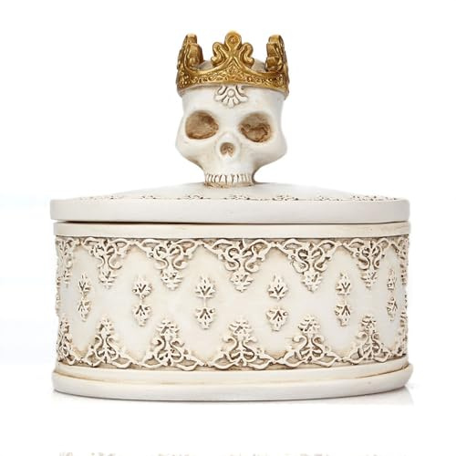 BBTISG Mini Boîte à Bijoux Vintage en Forme de Tête de Mort avec Couvercle Gothique en Forme de Tête de Mort Couronnée pour Halloween Boîte Boucles D'oreilles Bagues (blanc)