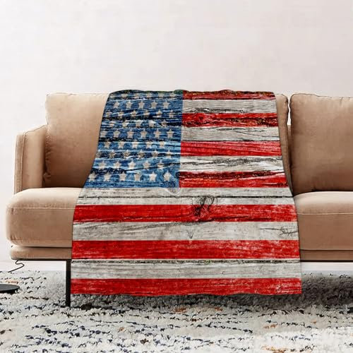 EOMKSE Kuscheldecke Flauschig Decke - weiche warme Fleecedecke 130x150cm als Decke Sofa,Alte bemalte amerikanische Flagge der USA auf dunklem Holzzaun,Wohndecke oder Couchdecke überwurf