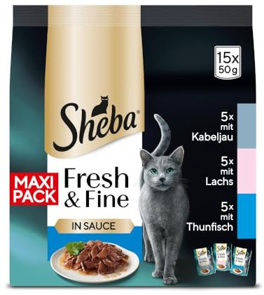 SHEBA Fresh & Fine Multipack Portionsbeutel 3 Varietäten Kabeljau, Lachs, Thunfisch in Sauce MSC 5x15x50g