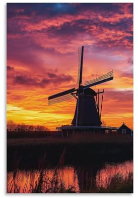 TharEau Windmühle Leinwand Bilder Landschaft Leinwanddruck Wanddeko Bild Wandbilder Dekoration Wasserdicht Hochwertiger Kunstdruck Für Schlafzimmer, Heimdekoration 20x30inch(50x75cm)