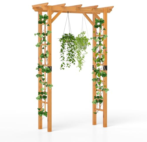 GOPLUS Rosenbogen Holz, Torbogen mit mit Spalieren & erweitertem Dach, Gartenbogen Pergola Rankhilfe für Kletterpflanzen, Hochzeitsbogen Rankbogen für Garten, Hochzeiten & Partys (140 x 60 x 215 cm)