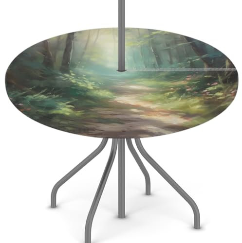 Woltant Tovaglia rotonda con foro per ombrellone e cerniera, facile da pulire, con bordi elastici, protezione per tavolo da giardino, patio, barbecue (strada forestale)