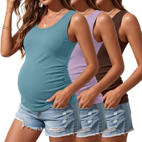 Riyiper Confezione da 3 Canotte Premaman da Donna, Senza Maniche, in Cotone, con Lati in Maglia a Coste e Arricciate(caffè, Viola Chiaro, Grigio Chiaro Blu,L)