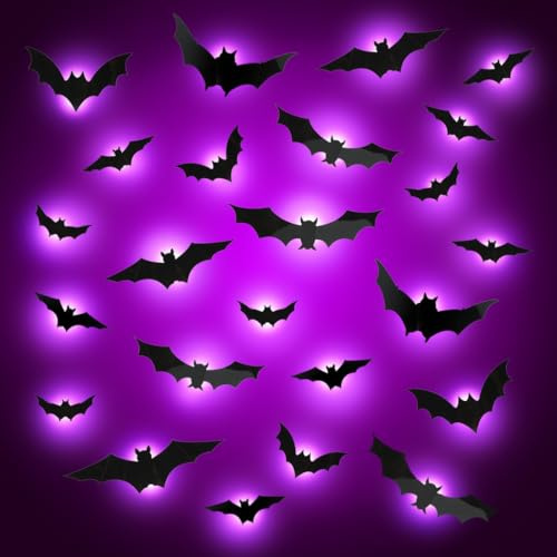 Meleager Halloween Fledermaus, 24 Stück LED Fledermäuse Deko, Dekorative 3D-Fledermäuse Wandaufkleber mit LED-Beleuchtung für Gruselige Partydekoration, Garten Dekorations