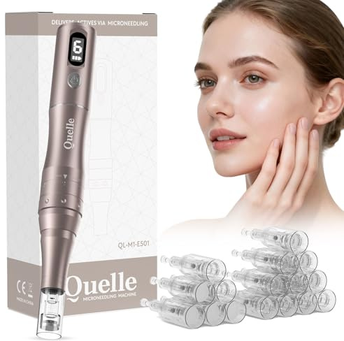 QUELLE Dermapen Microneedling Professionale - Penna Microneedling Viso Elettrico con Display LED, 6 Livelli di Velocità, 16 Cartucce di Ricambio - Derma-Pen Senza Fili per Viso e Corpo