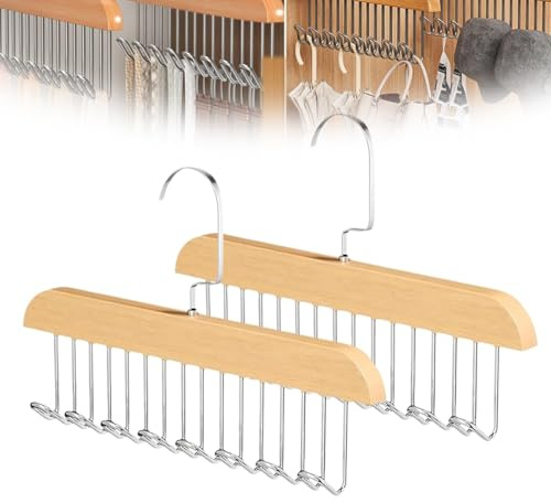 KIRZAX 2 Pièces Cintre en pour Ceintures 28cm,Porte-Ceintures, en Bois, avec 8 Crochets, Rotatifs à 360 °,pour Ceintures, Porte Cravate pour Cravates, Ceintures, sous-Vêtements(Couleur Bois)