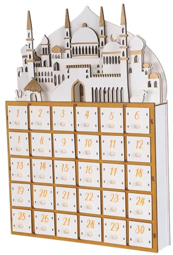 EPIGEIST Calendrier de L'Avent Musulman en Bois avec 30 Tiroirs, Éclairage LED Intégré, Décoration Festive pour Ramadan et L'Aïd, Petit Calendrier de Compte à Rebours Lumineux pour Maison