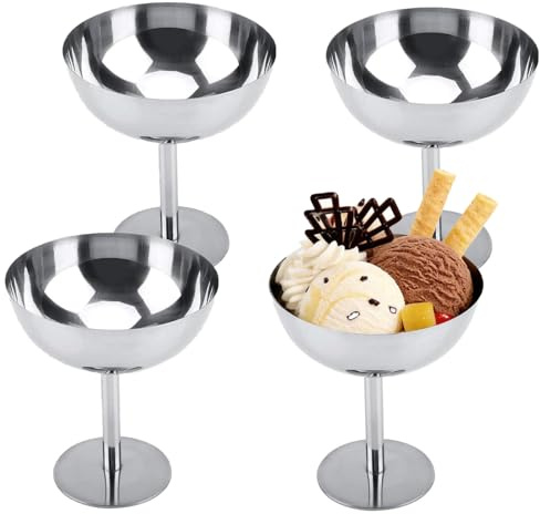 Edelstahl Eisbecher | Ø10cm | 200ml | Vintage Edelstahl Dessertschale, Cocktail Gläser, Ice Cream Sundae Dessertgläser für Obst Salat Joghurt und Fruchtpudding für Hochzeiten, Partys (A, 4er Set)